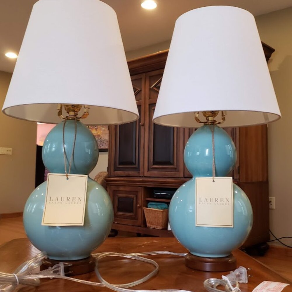 NWT Rare Aqua Color Ralph Lauren Petite Double Gourd Pair of Lamps - Picture 1 of 16